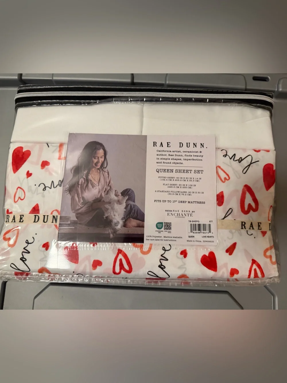 Rae Dunn White Sheet Set with Red & Pink Heart Motif